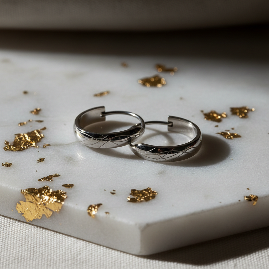 Personalized engraved earrings in stainless steel on white marble with gold leaf details